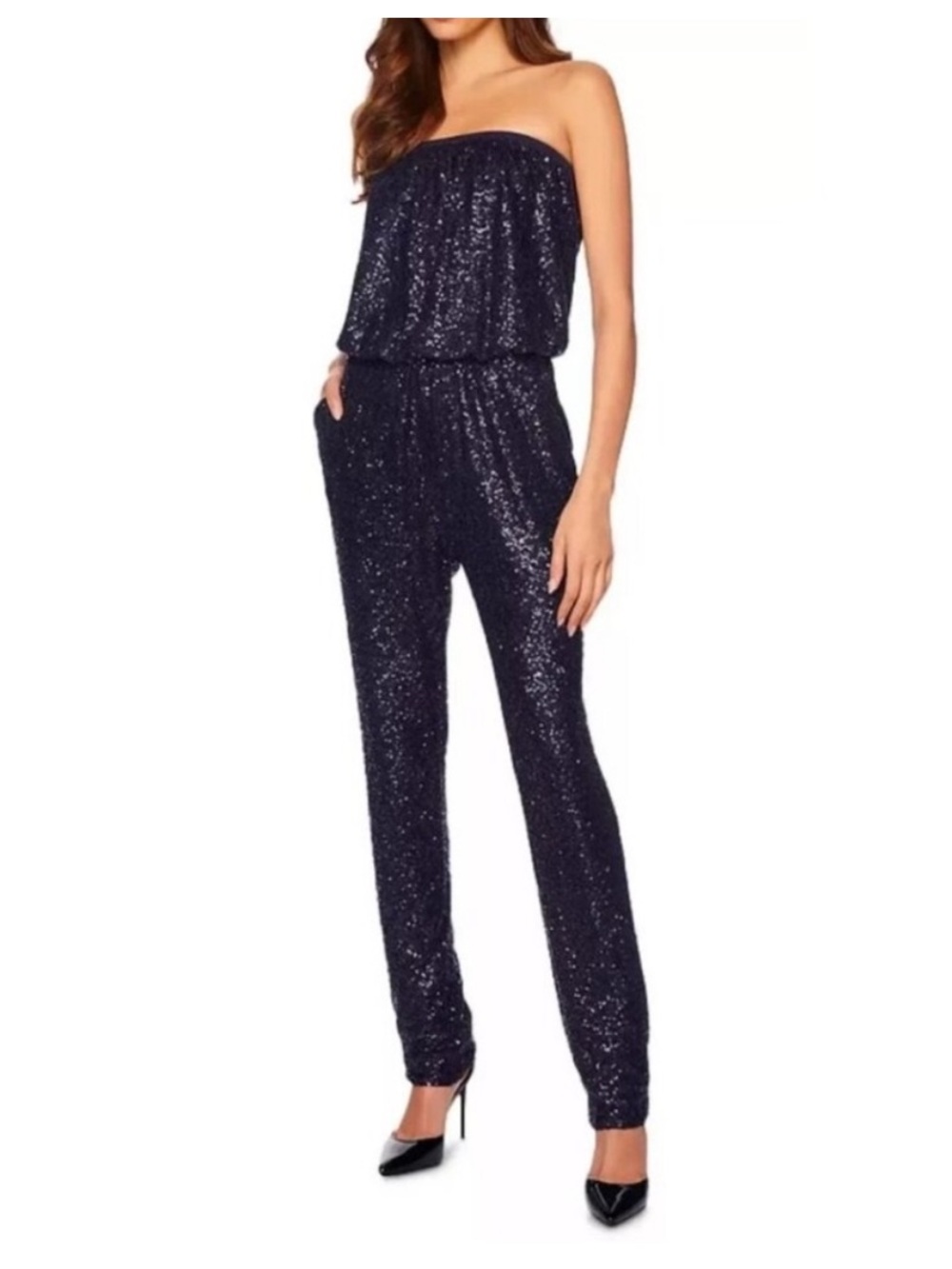 Susana Monaco Strapless jumpsuit Thunder Navy Blue Sequin pockets S/M Revolve - Picture 4 of 15